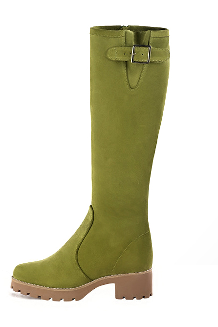 Women's pistachio green custom-made buckle knee-high boots with  and  - Worn view